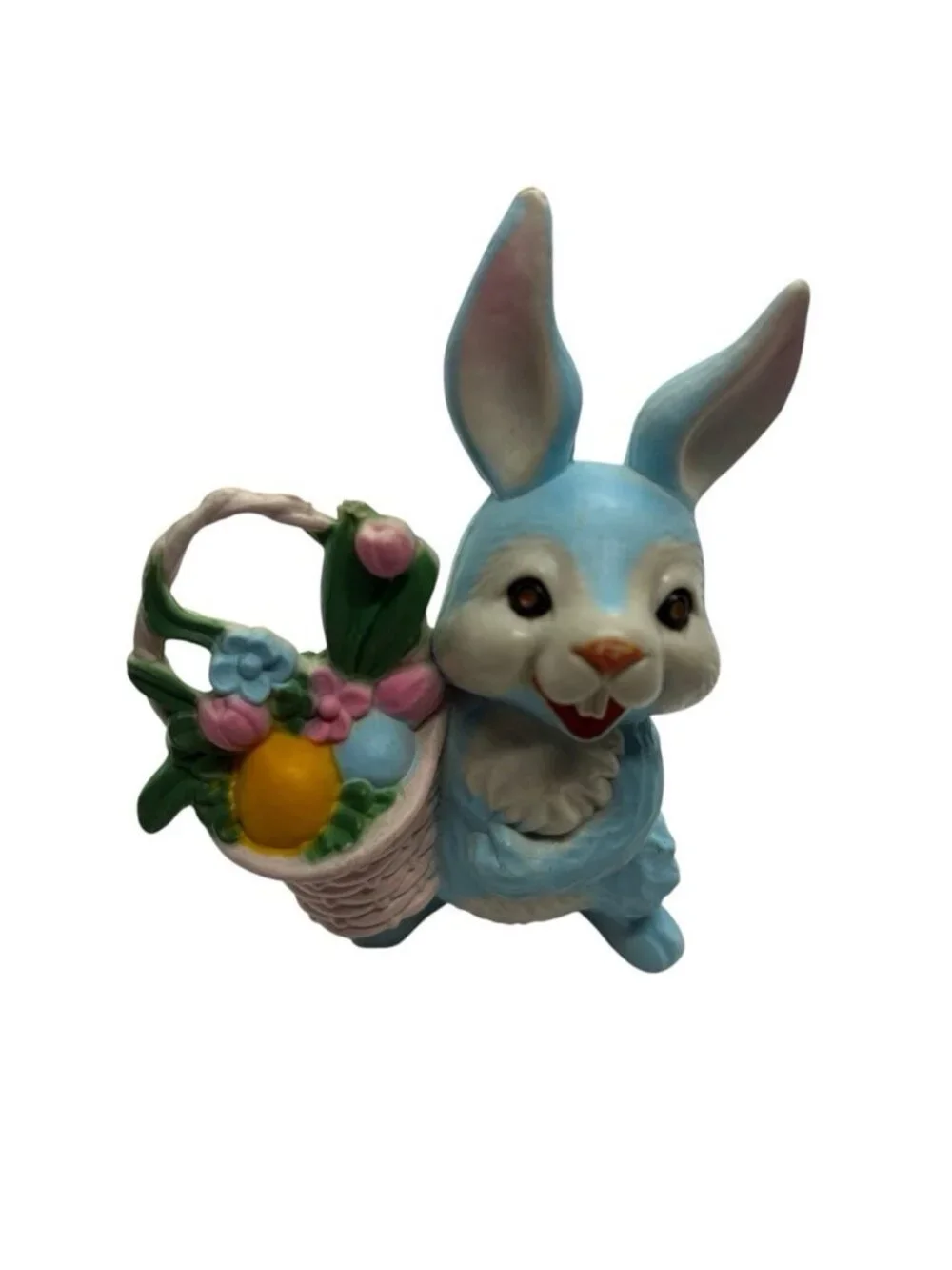 Vintage Blue Easter Bunny Figurine Basket Eggs Flowers Spring Rabbit Decor